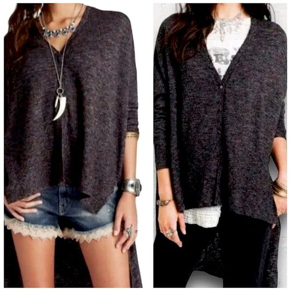 Free People Black Knit Soft Relaxed V Neck Button Dow Duster Sweater Stretch S/M - Picture 16 of 16